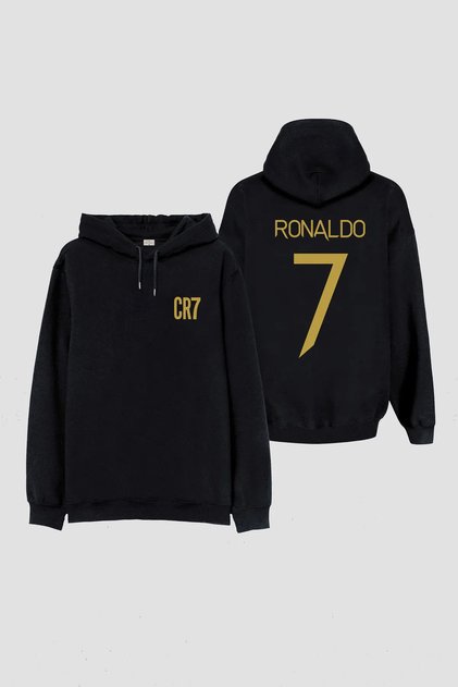Football Player Ronaldo Printed Boys' Black Hooded Sweatshirt Hoodie