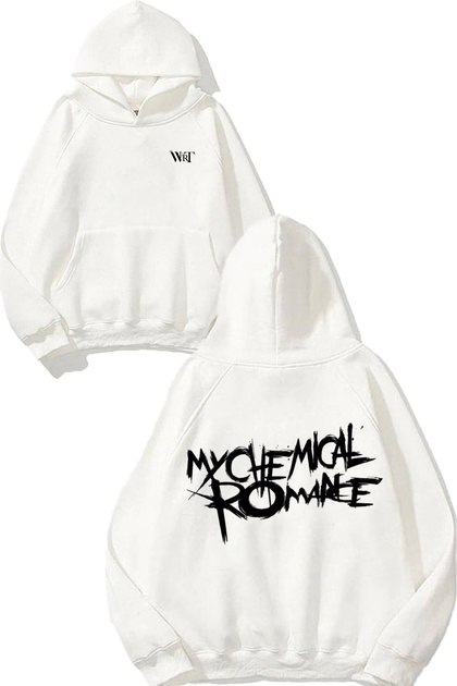 سترة بيضاء بقلنسوة مطبوعة بتصميم My Chemical Romance 7