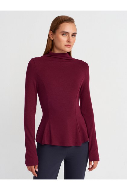 32038 Long Sleeve Peplum Top-Burgundy