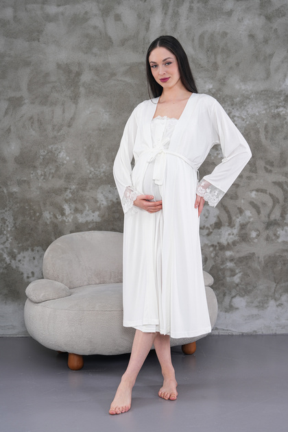 Women's Ecru Special Design Lace Cotton Maternity Nightgown Nightgown Set of 2