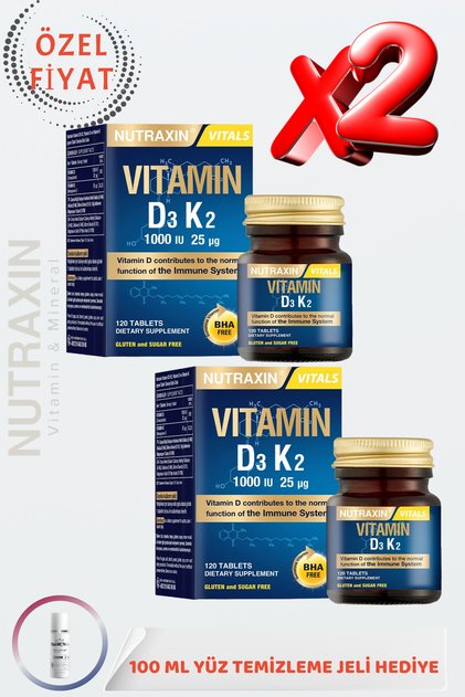 Vitamin D3 K2 1000 IU 25 mcg 120 Tablet (2 ADET) + 100 ML Yüz Temizleme Jeli HEDİYE