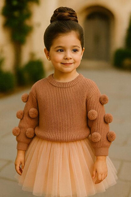 Girl's Oversized Knit Sweater – Seamless, with Pom-Pom Detail, 2-7 Years Old, Domestic Production