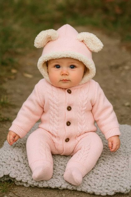 unisex kız erkek bebek tavşan kulaklı kapüşonlu triko örme içi welsoft kışlık tulum