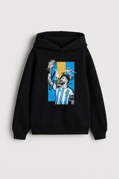 Football Player Lionel Messi Printed Boys' Black Hooded Sweatshirt Hoodie