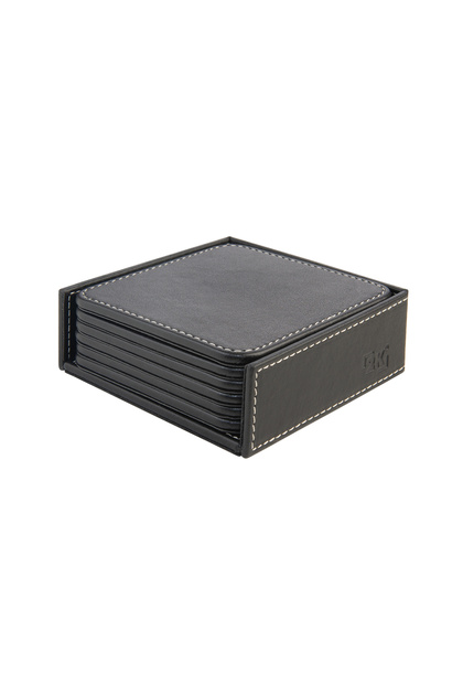 Bardak Altlığı,6’lı Set,Masaüstü Kare Cup Coaster,Vegan Suni Deri,11x11 cm.,Siyah