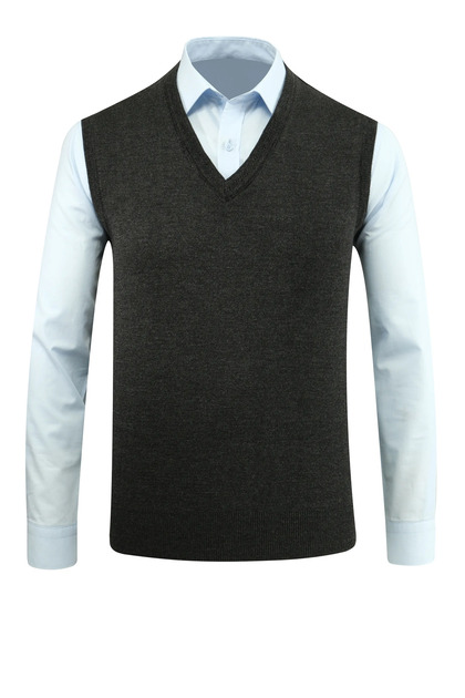 Men's V-Neck Dark Gray Sweater Knitwear Solid Color Steel Knit Classic Fit - 5200H