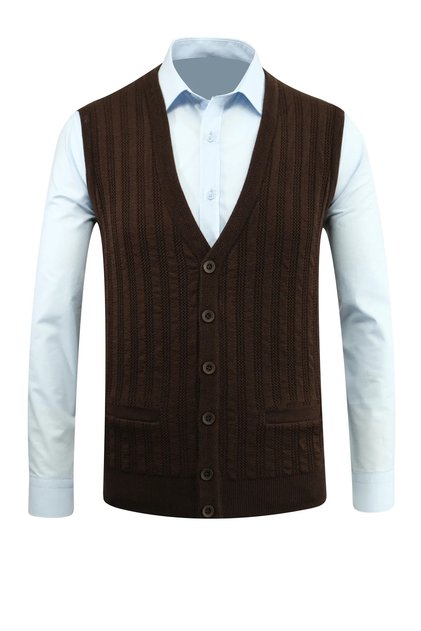 Men's Buttoned Brown Vest with Pockets Patterned Steel Knit Classic Fit - 5203L