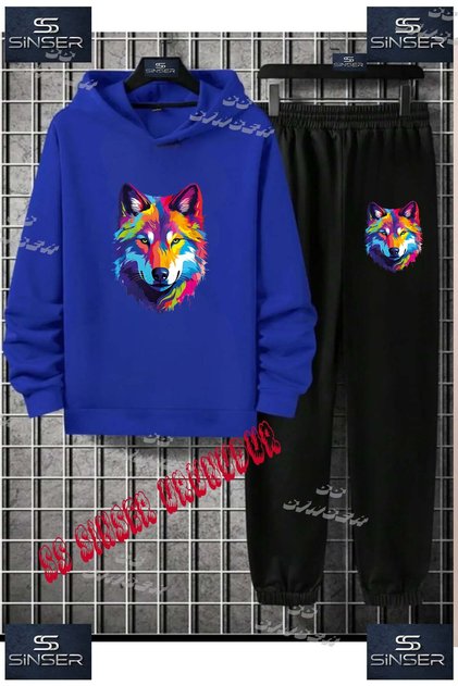 Children's Unisex Printed Hooded Tracksuit Set with the Text: "Wolf Painted Colorful Head"