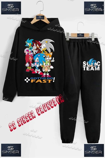 Children's Unisex "Sonic Gotto Fast Coklu" Special Printed Hooded Tracksuit Set