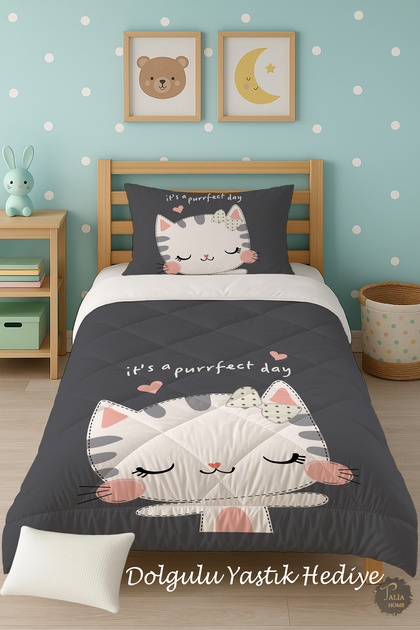 Cute Cat Patterned Single Children's Quilt Sleeping Set Tlag-245