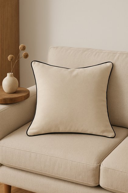 Biyeli Keten Kırlent Kılıfı 43x43 cm – Siyah Biyeli Kırlent