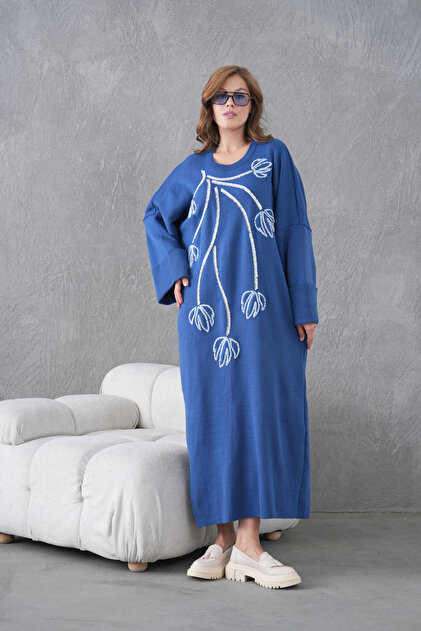 Miss Allos Women's Wide-Fit Long Knit Dress with Front Glass Beads and Sequin Embroidery- Trendyol Miss Allos Women's Wide-Fit Long Knit Dress with Front Glass Beads and Sequin Embroidery- Trendyol
