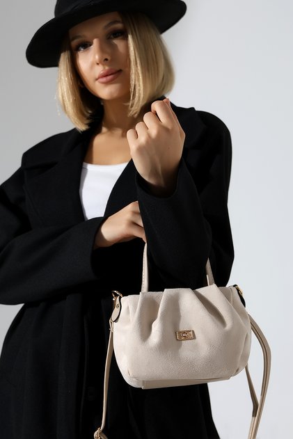 Beige Women's Nubuck Bag Lined with Zipper - Crossbody Shoulder and Handbag Small Size