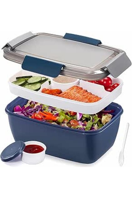 LENND Large Salad Lunch Container To Go,2L Salad Bowls with 4 Compartments, Salad Dressings Containe