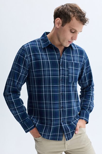 Men's Indigo Regular Fit Plaid Long Sleeve Shirt
