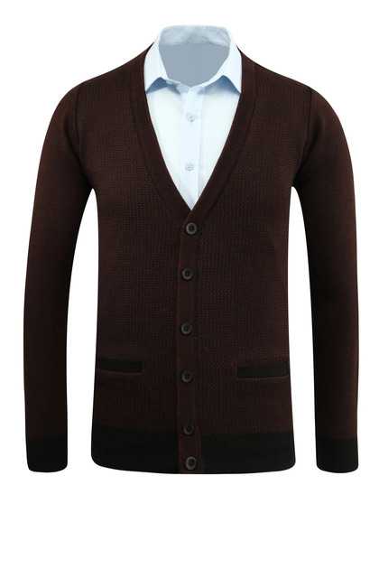 Men's Buttoned Burgundy Cardigan with Pockets Patterned Steel Knit Classic Fit - 5208m