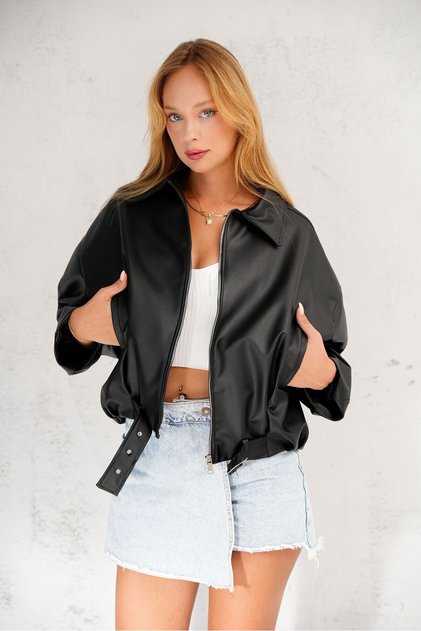 Women's Oversize Leather Jacket with Belt at the Waist
