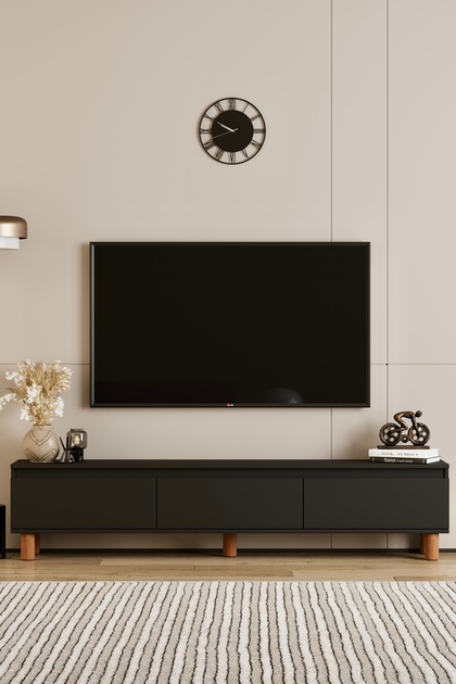 Mila SİYAH MDF 200 cm tv ünitesi Raflı,kapaklı,ayaklı