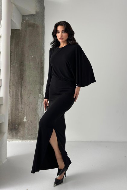 Black Bat Sleeve Asymmetrical Gathered Dress
