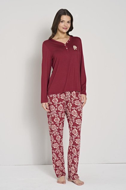 Women's Plus Size Burgundy Button-Down Collar Floral Print Pajama Set C4T0N91