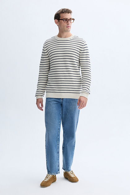 Men's Ecru Striped Crew Neck Knit Sweater
