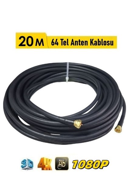 20 Metre Rg6/U4 Gold Uçlu 64 Tel Hazır Uydu Anten Kablosu “Tak Çalıştır” (Siyah)