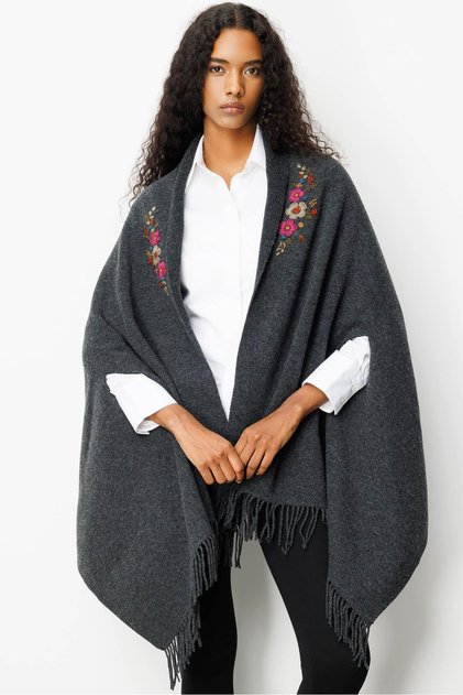 Women's Embroidered Collar, Sleeves Threaded Through, Large Wool Poncho, Dark Smoke