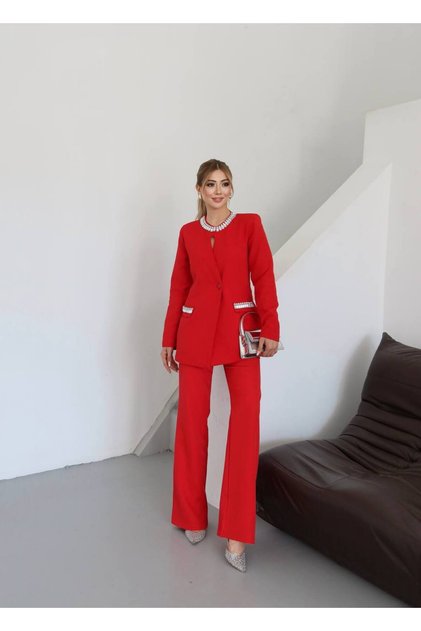 Nepaclub Kadın İkili Blazer Ceket Pantalon Taşlı Takım