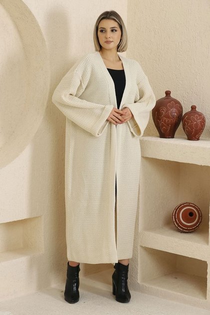 Women's Ecru Double Sleeve Long Hijab Knitwear Cardigan