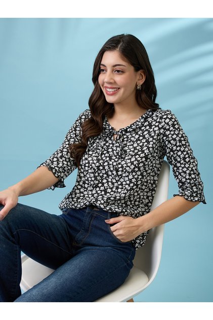 Black Tie-Up Neck Frill Detail Top