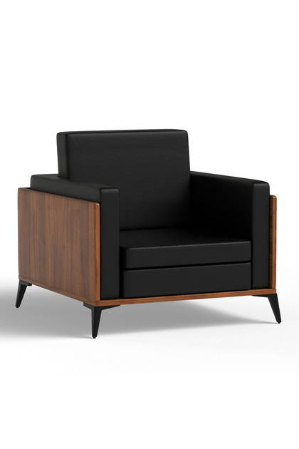 KD 3326 Natural Dijon Walnut Wooden Single Seat Sofa with PU Cushion for Offices, Home-Black