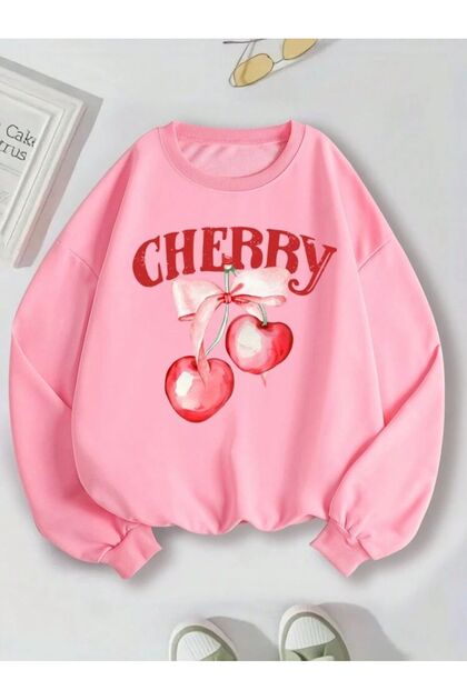 Gray Cherry Bow Printed Crew Neck Sweatshirt