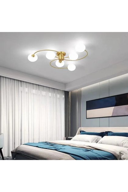Lustra moderna, 6 brate, globuri albe din sticla, dulie E27, culoare corp auriu, diametru 80CM