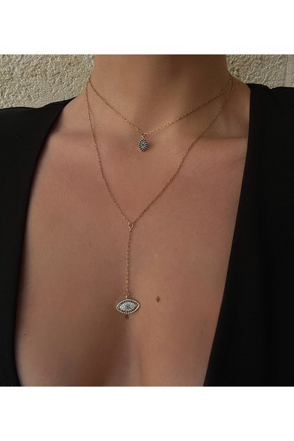 Zircon Evil Eye Bead Layered Steel Necklace