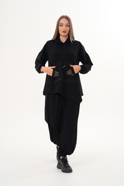 Women's Black Hooded Mesh Detail Kangaroo Pocket Casual Asymmetrical Blouse Pants Set