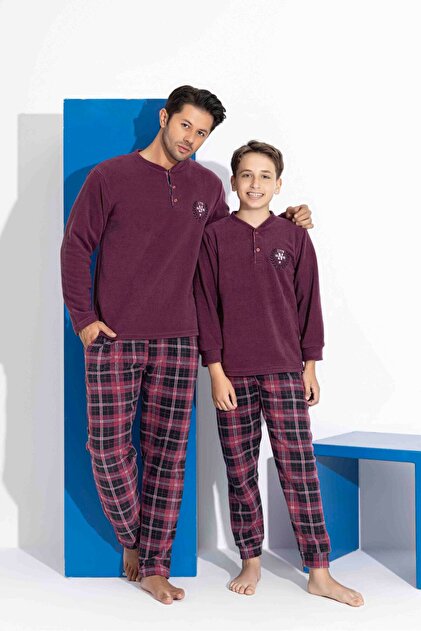Men's Burgundy Plaid and Square Pattern Long Sleeve Father-Son Fleece Fabric Winter Warm Pajama Set