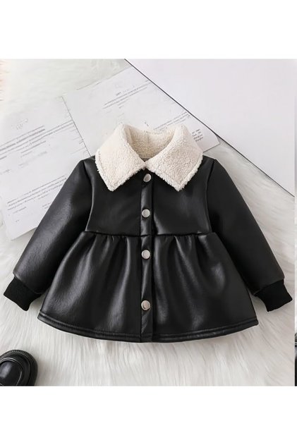 Girl's Faux Leather Coat with Snap Closure and Fur Lining