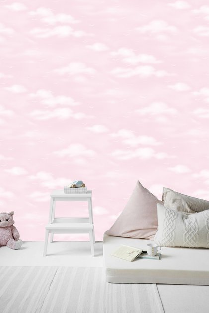 Bulut Desen Soft Pembe/Mavi Çocuk Odası 5.2m² Nonwoven Duvar Kağıdı