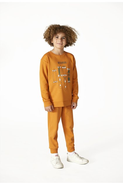 A-3401 Boys' 100% Cotton Winter Long-Sleeve Printed Sweatsuit Pajama Set, Orange