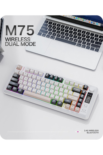 M75 kablosuz 2.4ghz kablosuz + bt çift Modlu klavye Led Ekranlı oyun klavyesi ile PBT Knob Rainbow