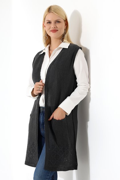 Anthrazitgraue saisonale Strickweste für Damen
