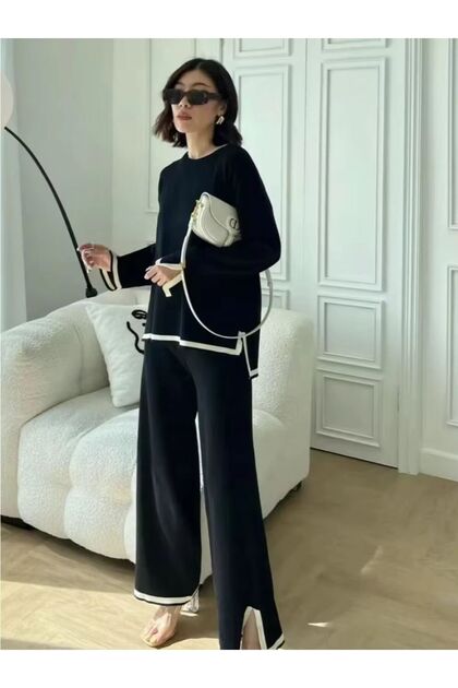 Black Top and Bottom Knitwear Set with Slit Detail
