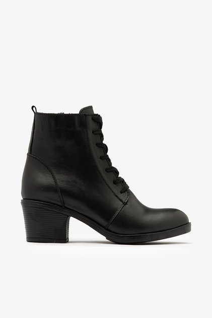 Black Genuine Leather Lace-Up Side Zipper Heeled Women's Boots