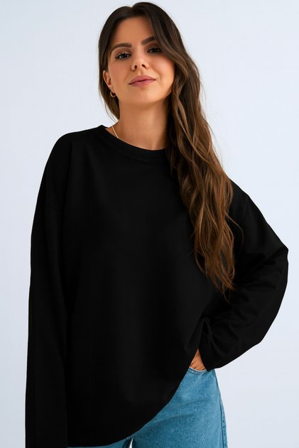 Women's Relax Fit Black Comfortable Cut 100% Cotton Long Sleeve Crew Neck Basic T-Shirt