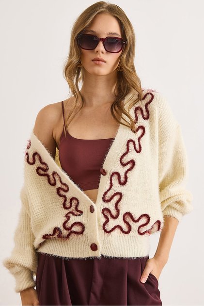 Women's Ecru Sweater with Detailed Soft Texture Beard Cardigan Hrk-19000380