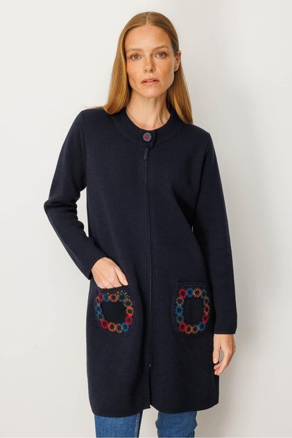 Women's Stand Collar Pocket Crocheted Long Wool Coat Dark Blue