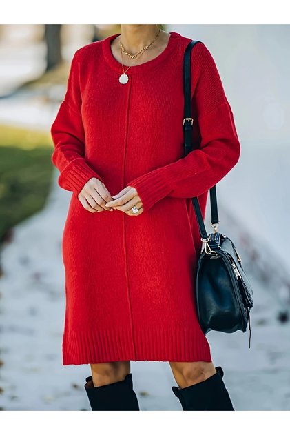 Plus Size Round Neck Knit Knee Length Dress