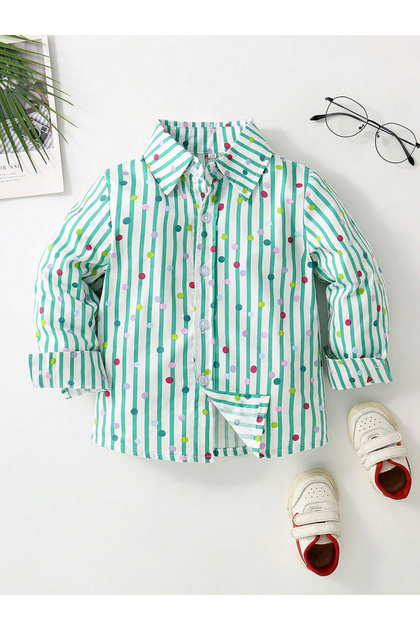 Boys Green Striped Polka Print Shirt