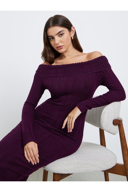 Purple Textured Knit Bodycon Midi Dress