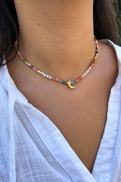 Agate Moonstone Sunstone Aventurine Natural Stone Gold Moon Point Handmade Minimal Natural Stone Necklace